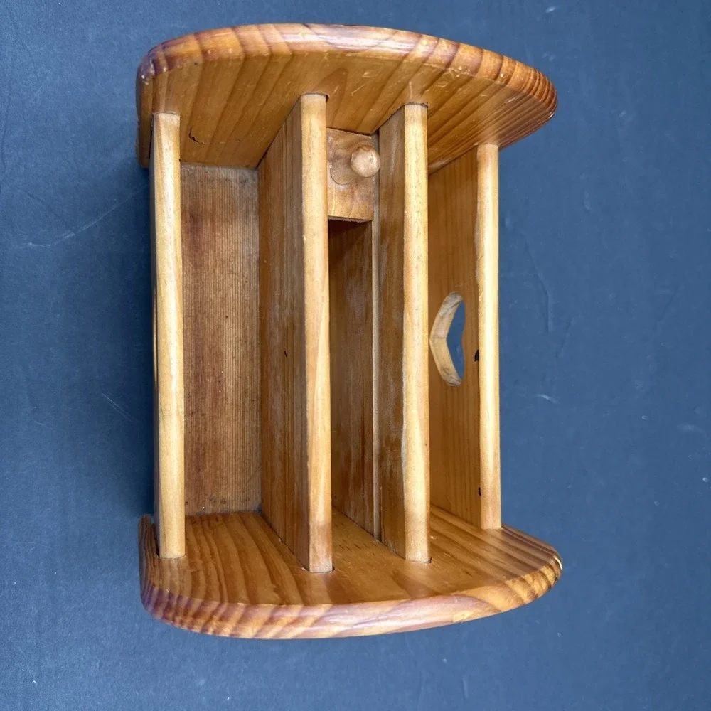 Vtg Lazy Susan Wooden Napkin Holder Heart with Cut Out on Turnstile 6
